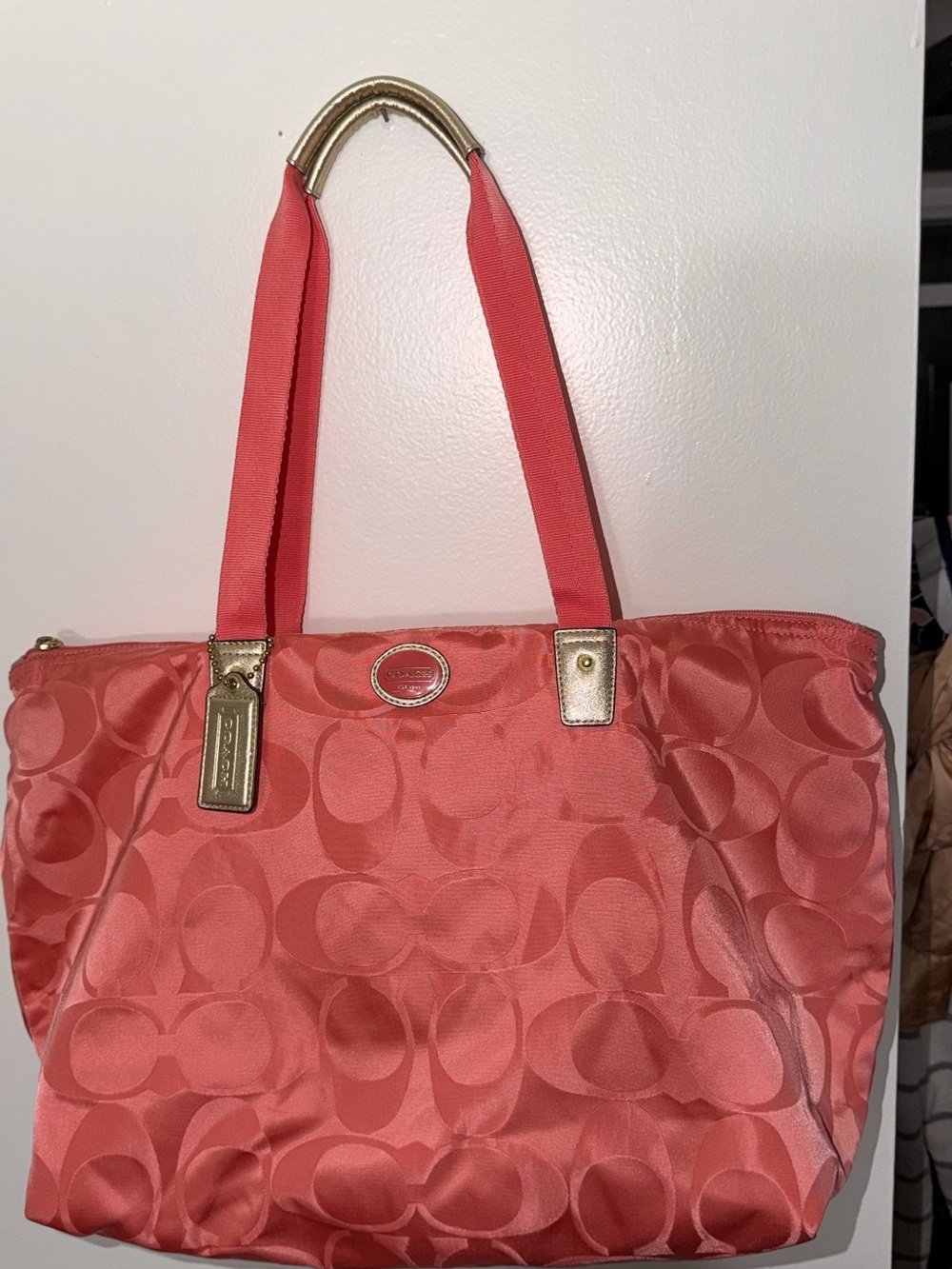 Coach Coral Signature Jacquard Tote with Gold-Tone Hardware